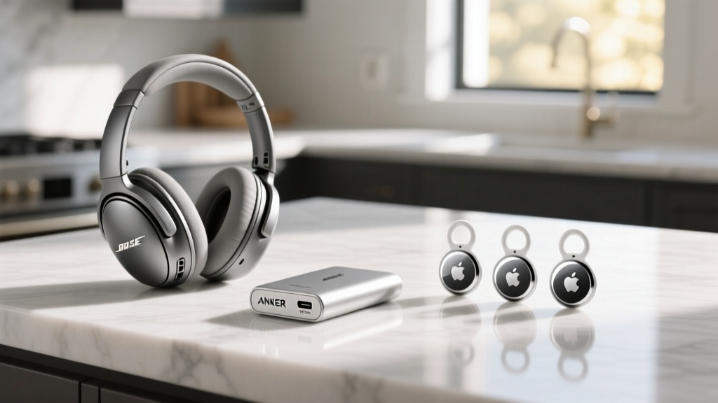 Premium travel gadgets on a marble counter including Bose QuietComfort Ultra headphones, Anker Prime power bank, and Apple AirTags