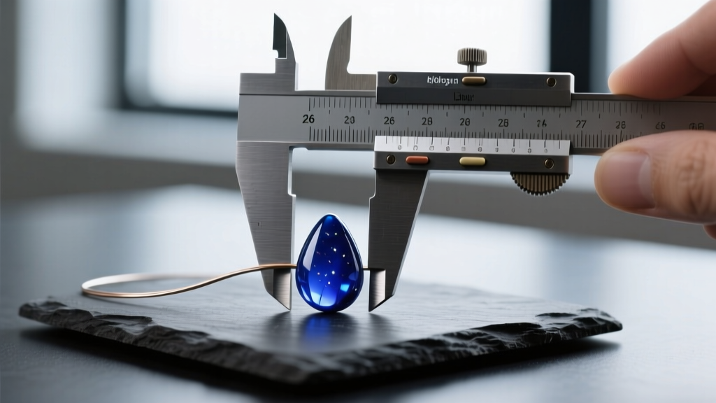 Calipers measuring 26-gauge niobium wire beside a polished lapis teardrop bead resting on a dark slate jewelry working mat