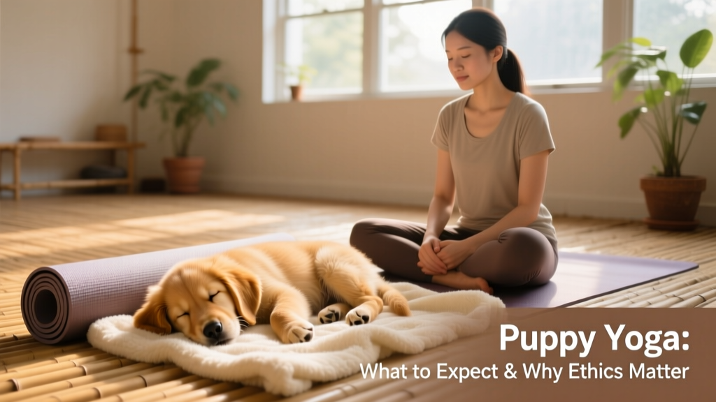 A relaxed puppy napping peacefully on a soft blanket beside a yoga mat, with a volunteer gently sitting nearby—no hands on the pup, respecting rest time