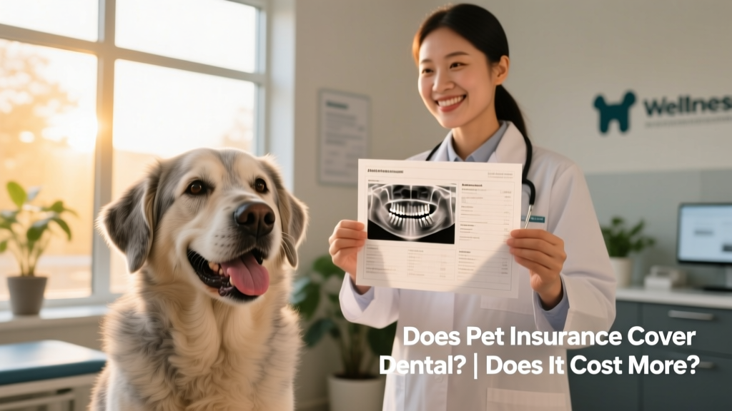 Happy senior dog smiling after a successful dental cleaning, with vet holding dental chart