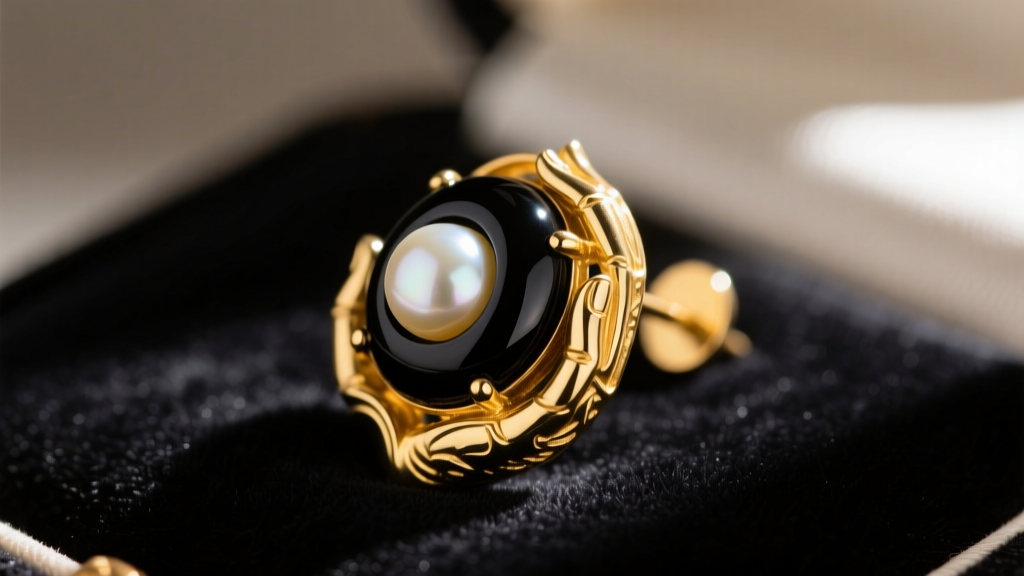 Close-up of a Victorian 15k yellow gold earring featuring a carved Whitby jet hand holding a pearl, resting on dark velvet.