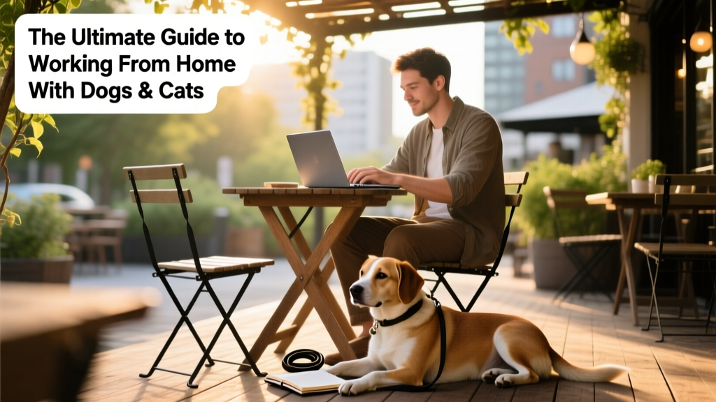 A relaxed person working on a laptop at an outdoor cafe table with a leashed dog resting calmly at their feet