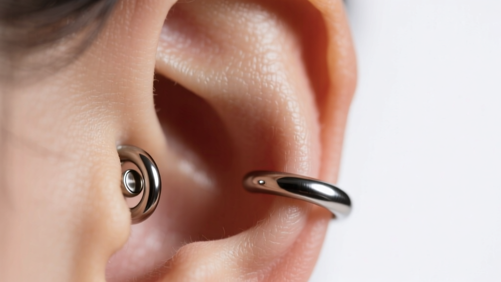 Macro of a 16-gauge titanium cat huggie in the cartilage, showing a secure clicker closure against soft, diffused studio lighting.
