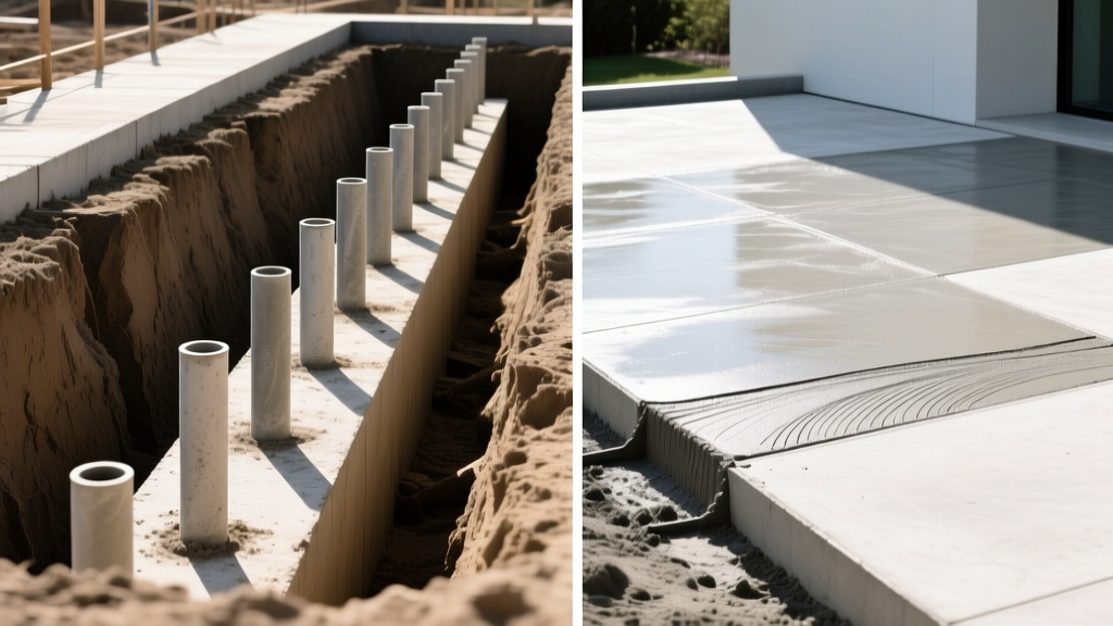 Split-screen construction site showing excavated deck footings with sonotubes on the left and a freshly screeded concrete patio slab on the right