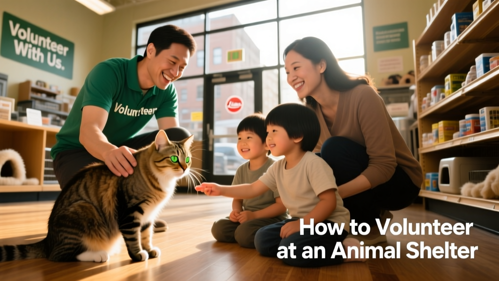 Volunteer helping a family meet a friendly cat during an adoption event