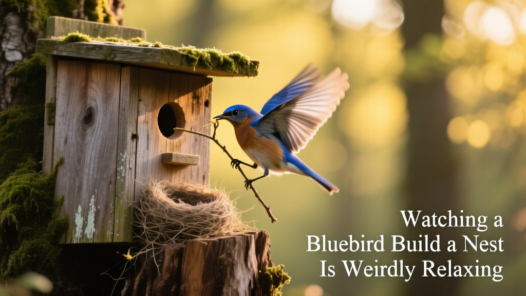 Bluebird entering a wooden birdhouse with a twig in its beak