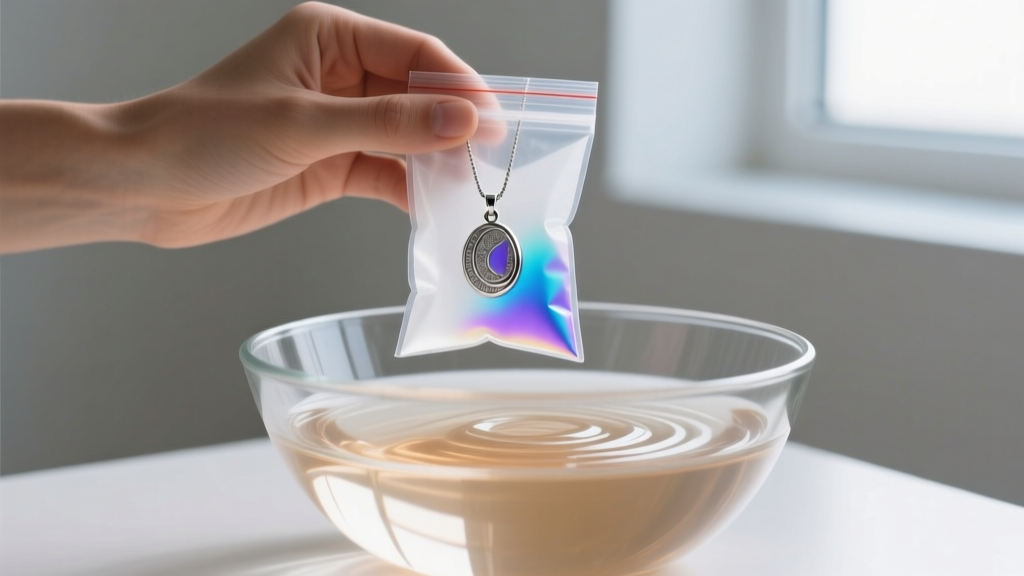 A person holding a sealed plastic bag with a silver mood pendant submerged in a glass bowl of warm water to test its thermochromic reaction