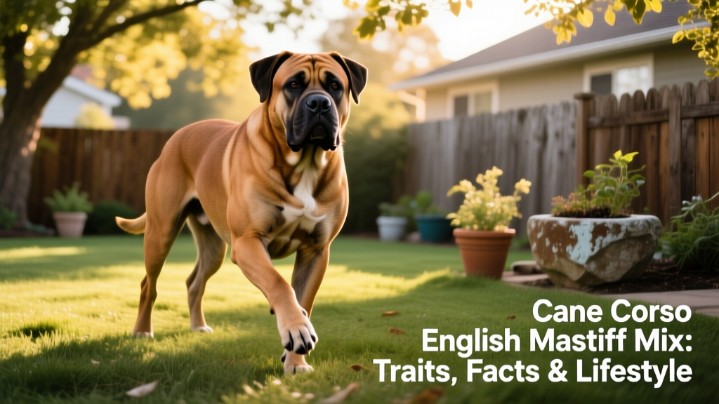 A well-muscled, alert Cane Corso English Mastiff mix standing confidently in a sunlit backyard