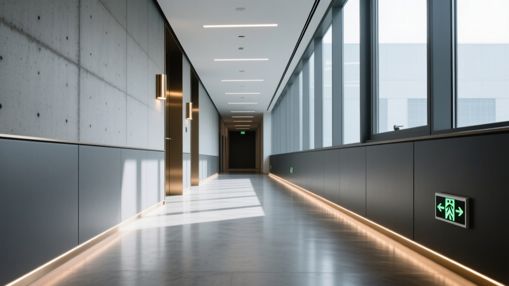 Commercial hallway featuring polished concrete flooring with integrated fire safety exit lighting and non-combustible baseboards