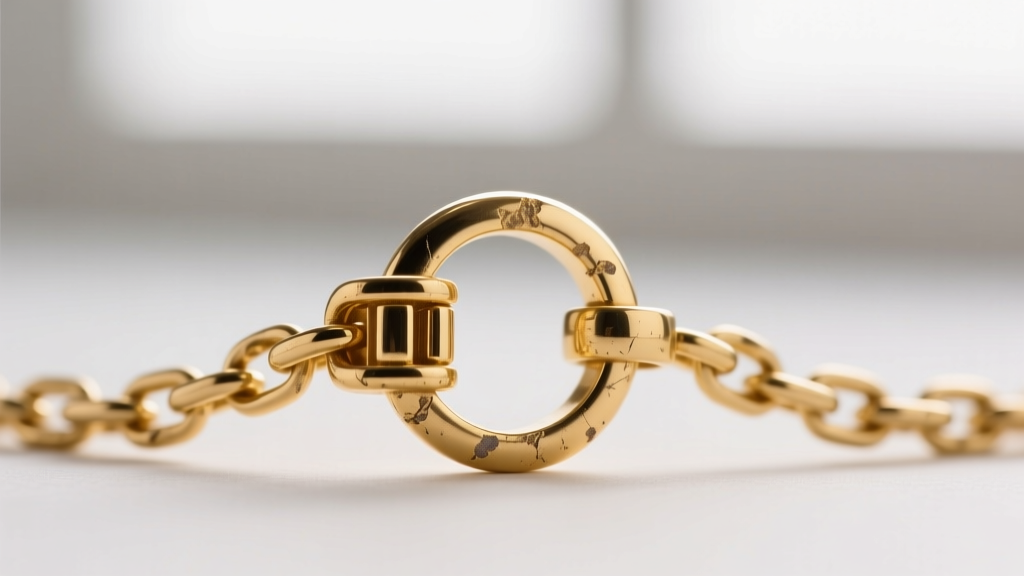 Macro shot of a spring ring clasp on a thin gold chain, revealing wear and brass base metal showing through the thin gold plating.