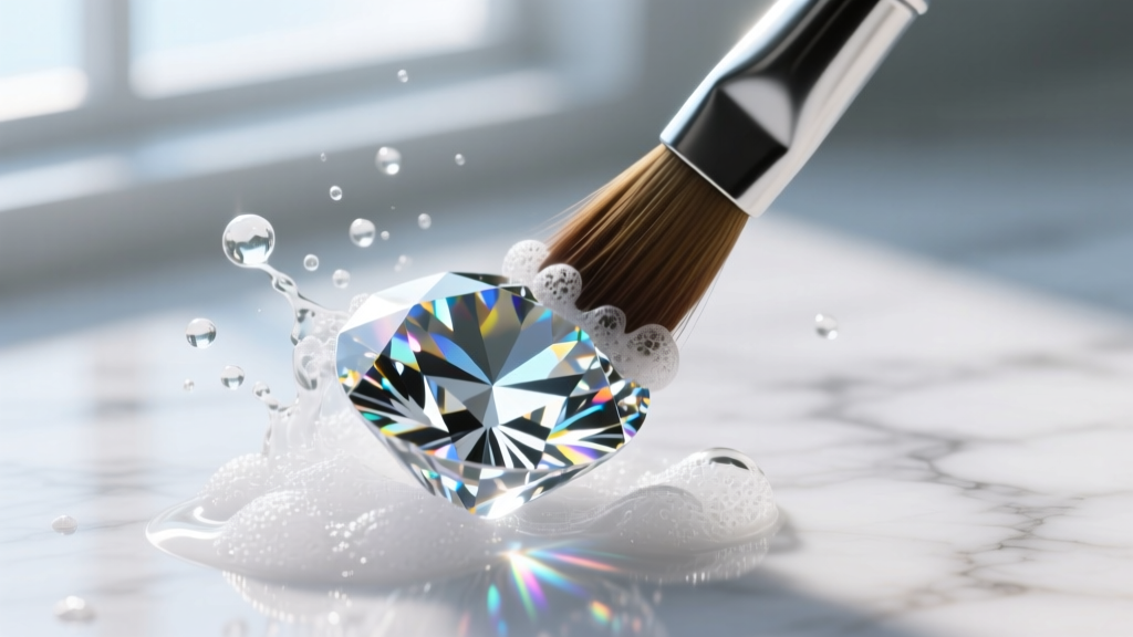 Macro shot of a vibrating brush tip cleaning a brilliant moissanite stone pavilion, showing suds and bright light refraction.