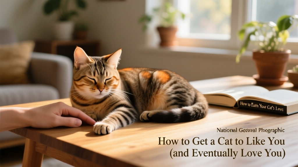 A calm, relaxed cat sitting beside a person’s hand, eyes half-closed in contentment
