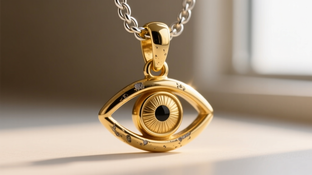 Close-up of a gold-plated eye pendant bail showing micro-abrasions from rubbing against a thick sterling silver box chain link.