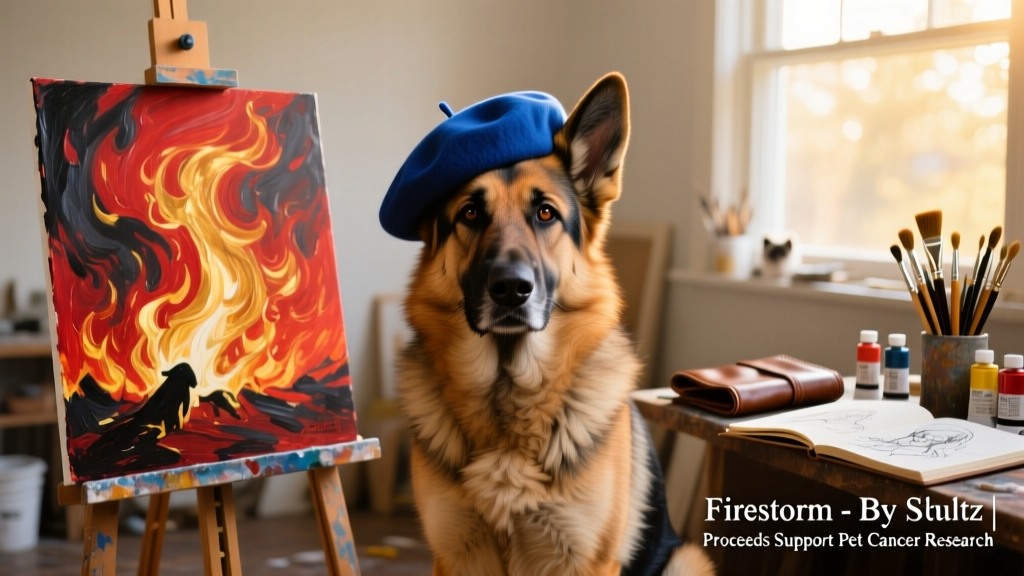 German Shepherd, Schultz, wearing royal blue beret sitting next to his painting, titled Firestorm