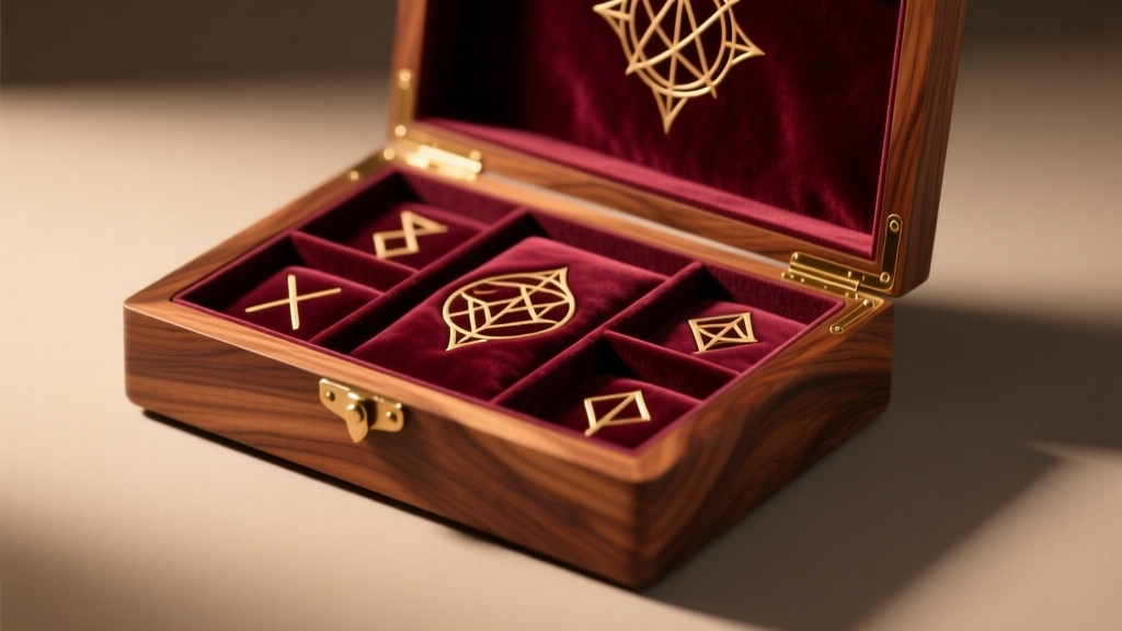 Walnut jewelry box with velvet slots, inspired by fantasy RPGs but grounded in modern reality, lit by soft warm ambient lighting.