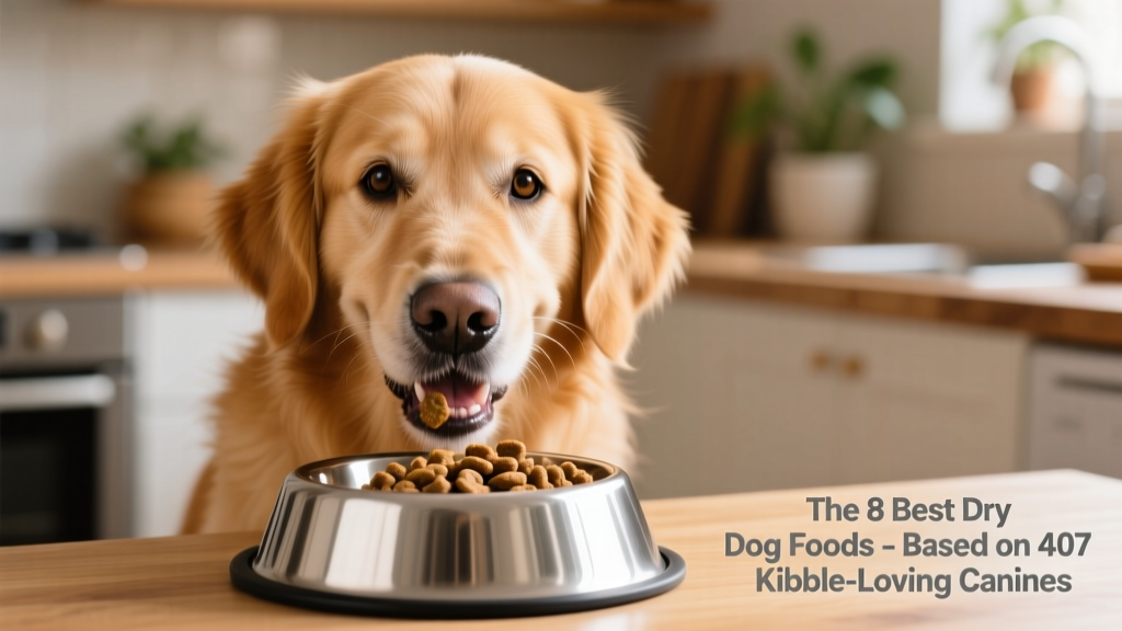 A golden retriever happily eating kibble from a stainless-steel bowl, with natural light highlighting shiny coat and bright eyes