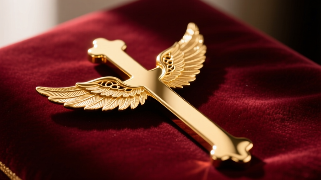 14k gold cross with wings necklace on velvet, soft light highlighting intricate feathers and a smooth, reflective cross surface.