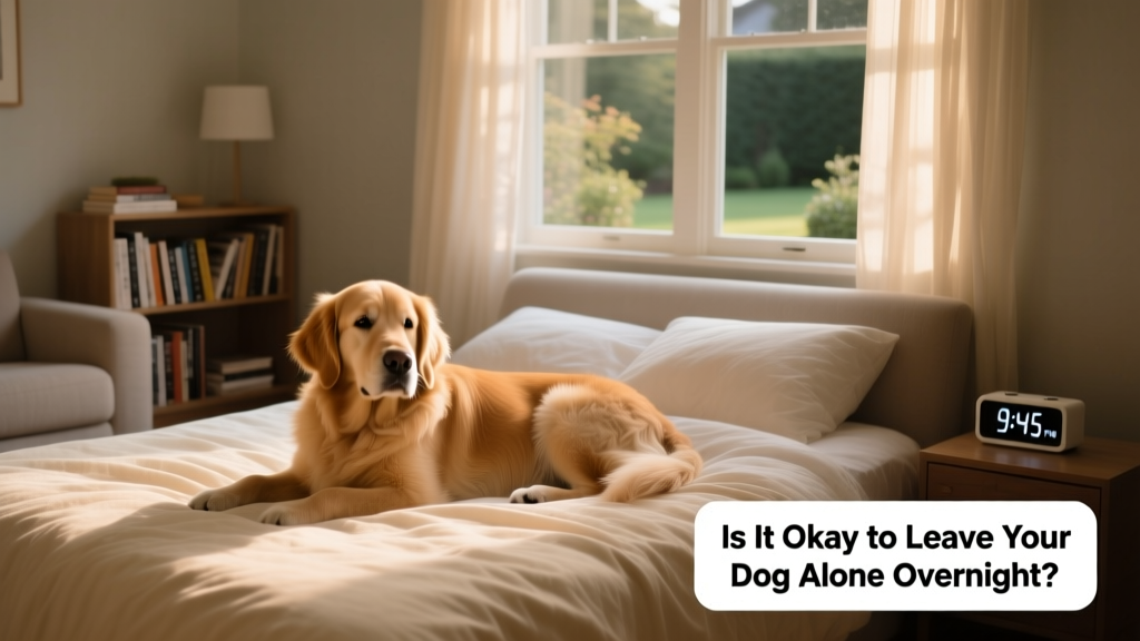 A calm, relaxed dog resting on a cozy bed in a quiet living room