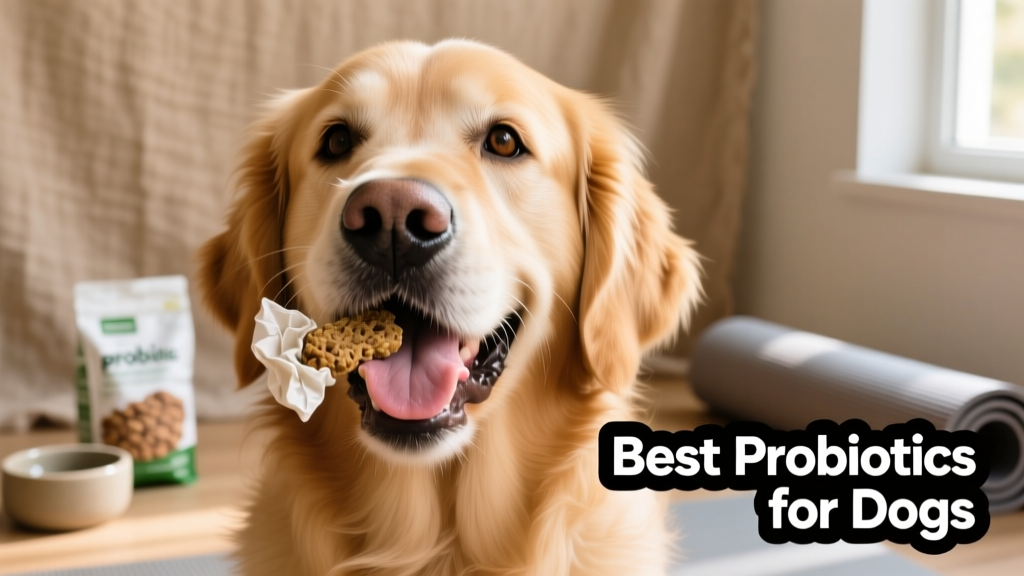 Close-up of a golden retriever happily chewing a soft probiotic treat