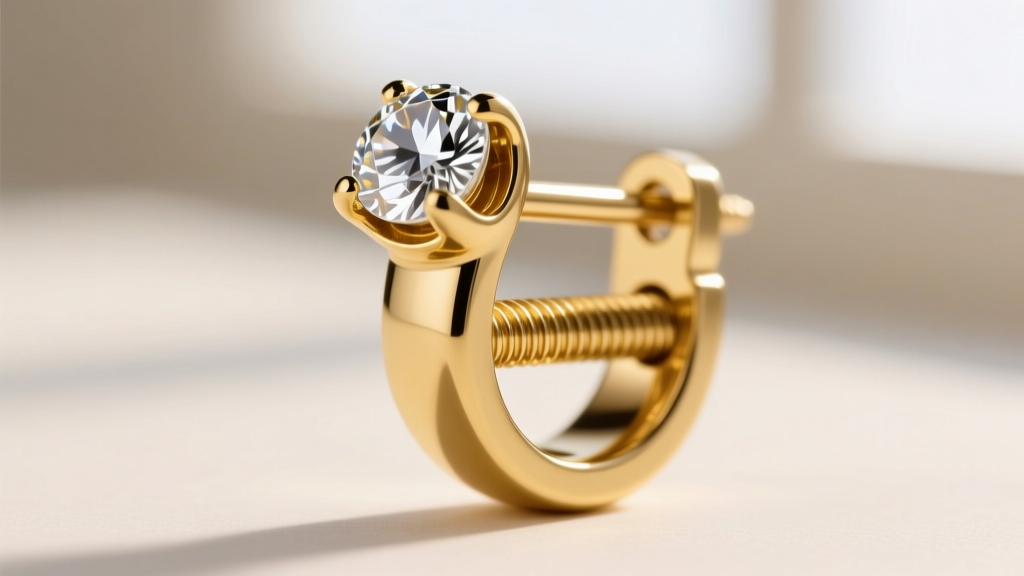 Close-up of a thick gold earring post with a threaded screw-back, showing structural support for heavy two-carat diamond studs.