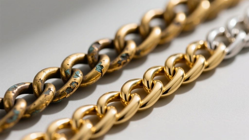 Macro photography comparing a tarnished brass-based gold plated chain next to a pristine, thick 14k gold vermeil sterling chain.