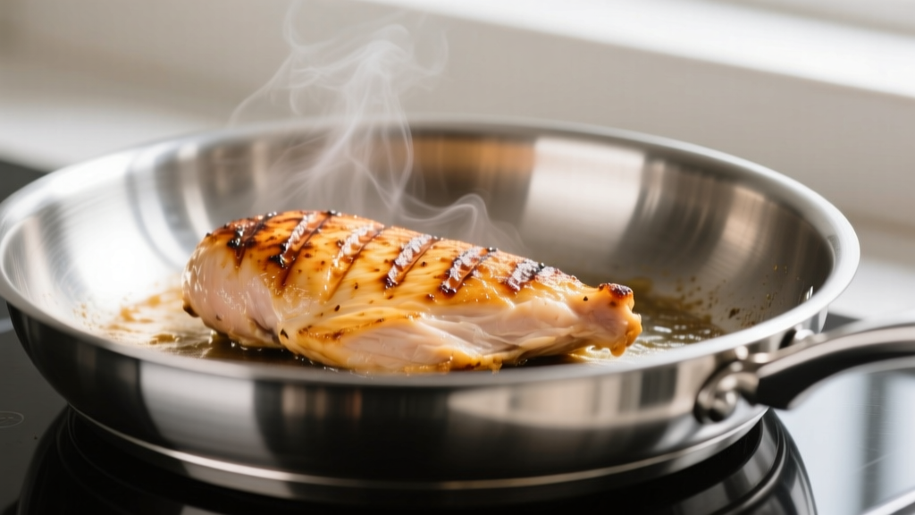 Close-up of a stainless steel fry pan searing a chicken breast, showing even heat distribution and a tri-ply base rim.