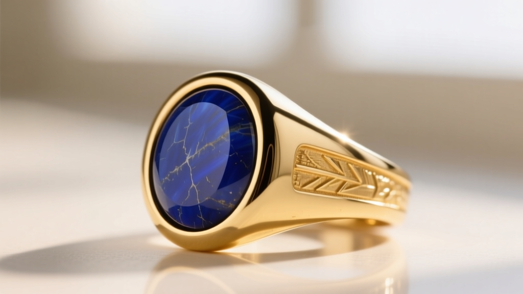 Macro shot of an 18k gold vermeil Roman signet ring with a lapis lazuli inlay, showing the thick gold plating on the band edge.