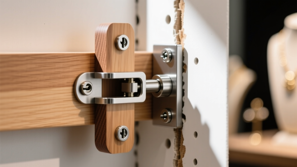 Close-up of a wooden French cleat mounting system secured into drywall with heavy-duty zinc anchors for a large jewelry display.