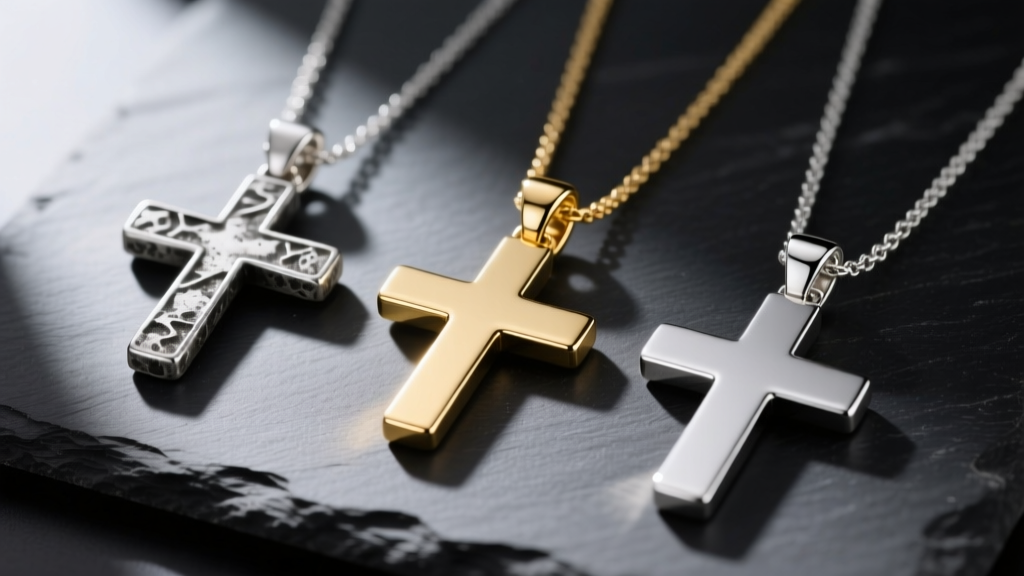 Three cross pendants side by side: oxidized sterling silver, polished 18k gold vermeil, and matte platinum resting on dark slate