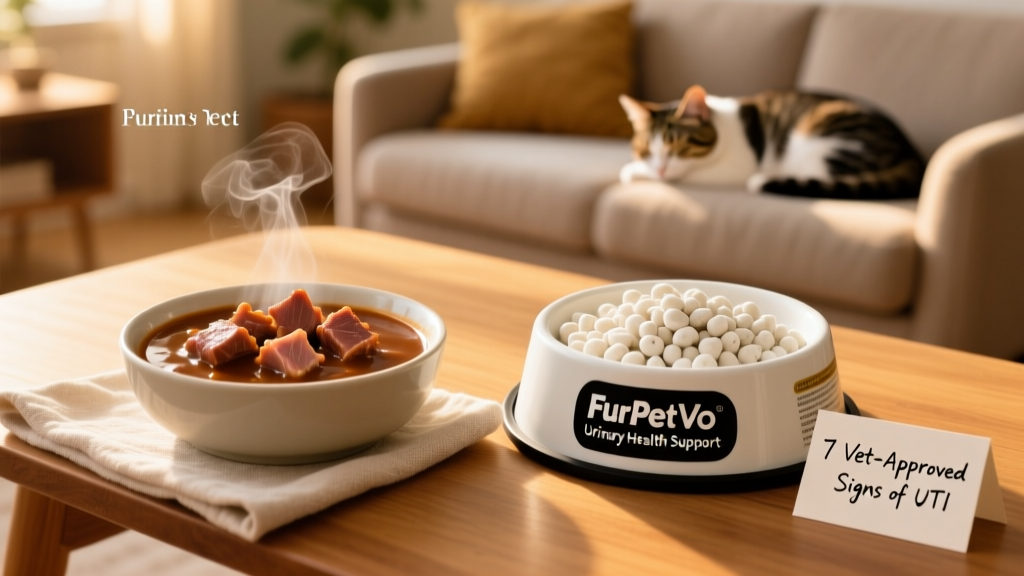 Side-by-side comparison of two cat food bowls: one with high-quality wet food and another with a FurPetVo urinary health supplement clearly labeled