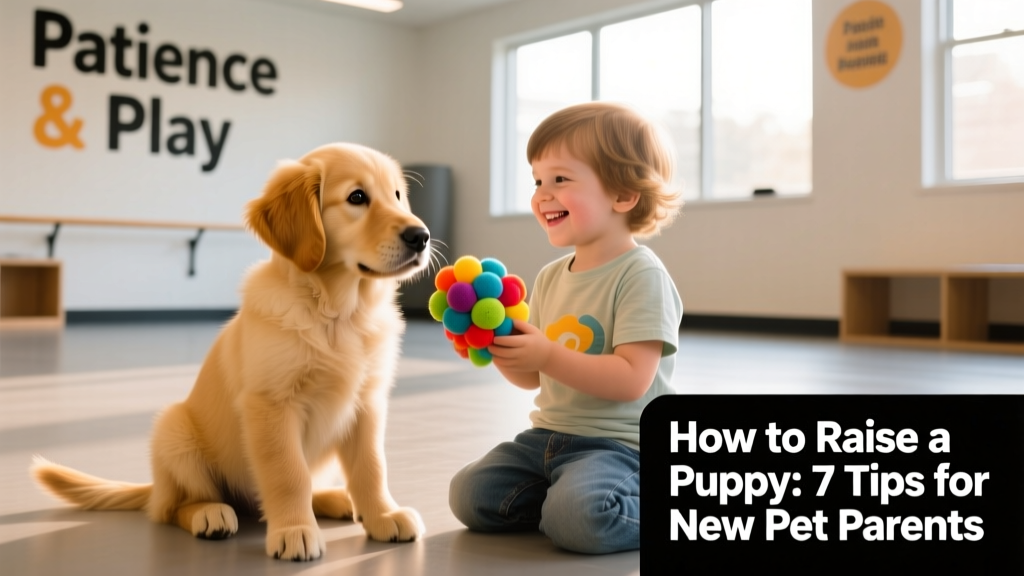 A golden retriever puppy calmly sitting beside a smiling child while both look at a colorful toy, in a bright indoor training space