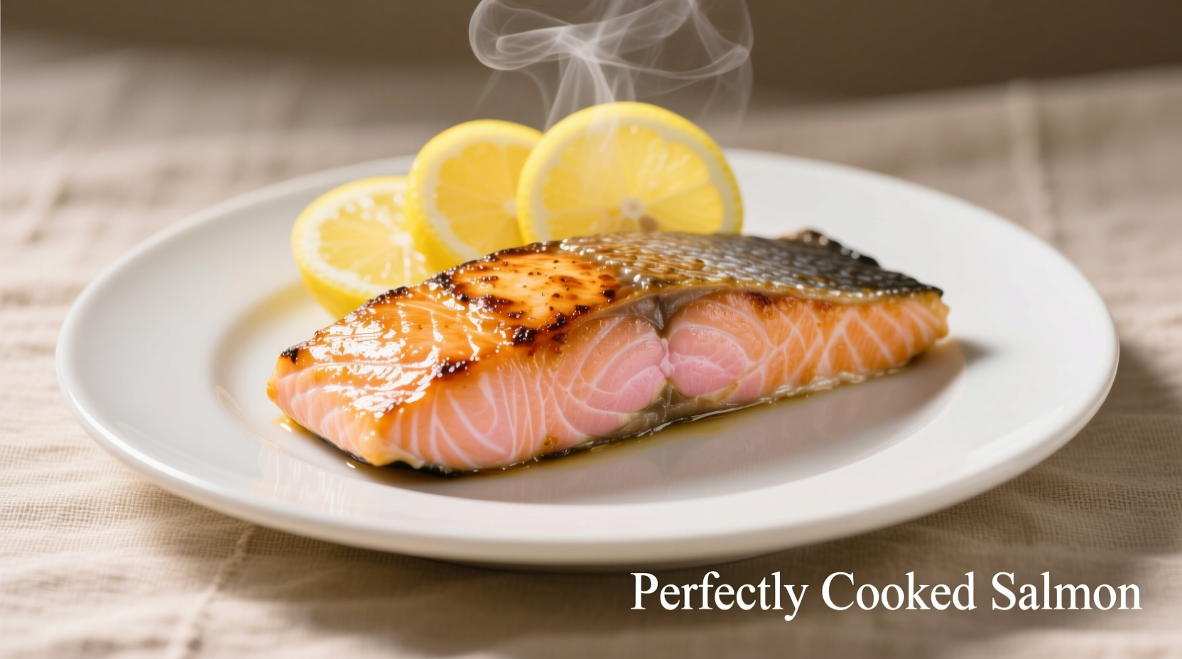 Perfectly cooked salmon fillet with lemon slices on plate