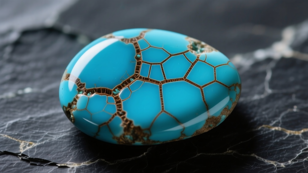 Macro shot of a raw Kingman turquoise cabochon showing intricate brown spiderweb matrix patterns against a dark slate background.