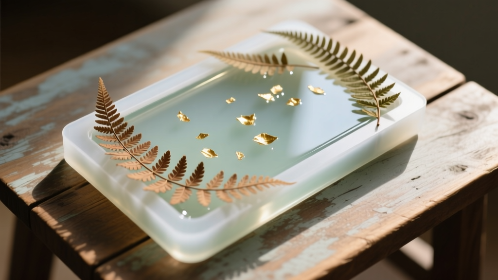 Top-down view of a silicone mold filled with clear epoxy resin, surrounded by dried pressed ferns and gold leaf on a wooden desk.