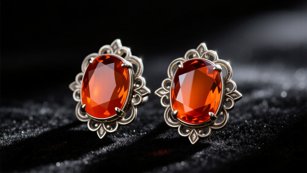 Georgian foil-backed antique carnelian earrings on dark velvet, highlighting deep orange-red hues and tarnished silver settings.