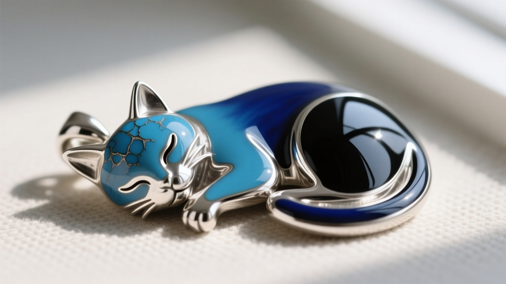 Close-up comparing chipped blue epoxy enamel against smooth kiln-fired vitreous enamel on a sterling silver sleeping cat pendant