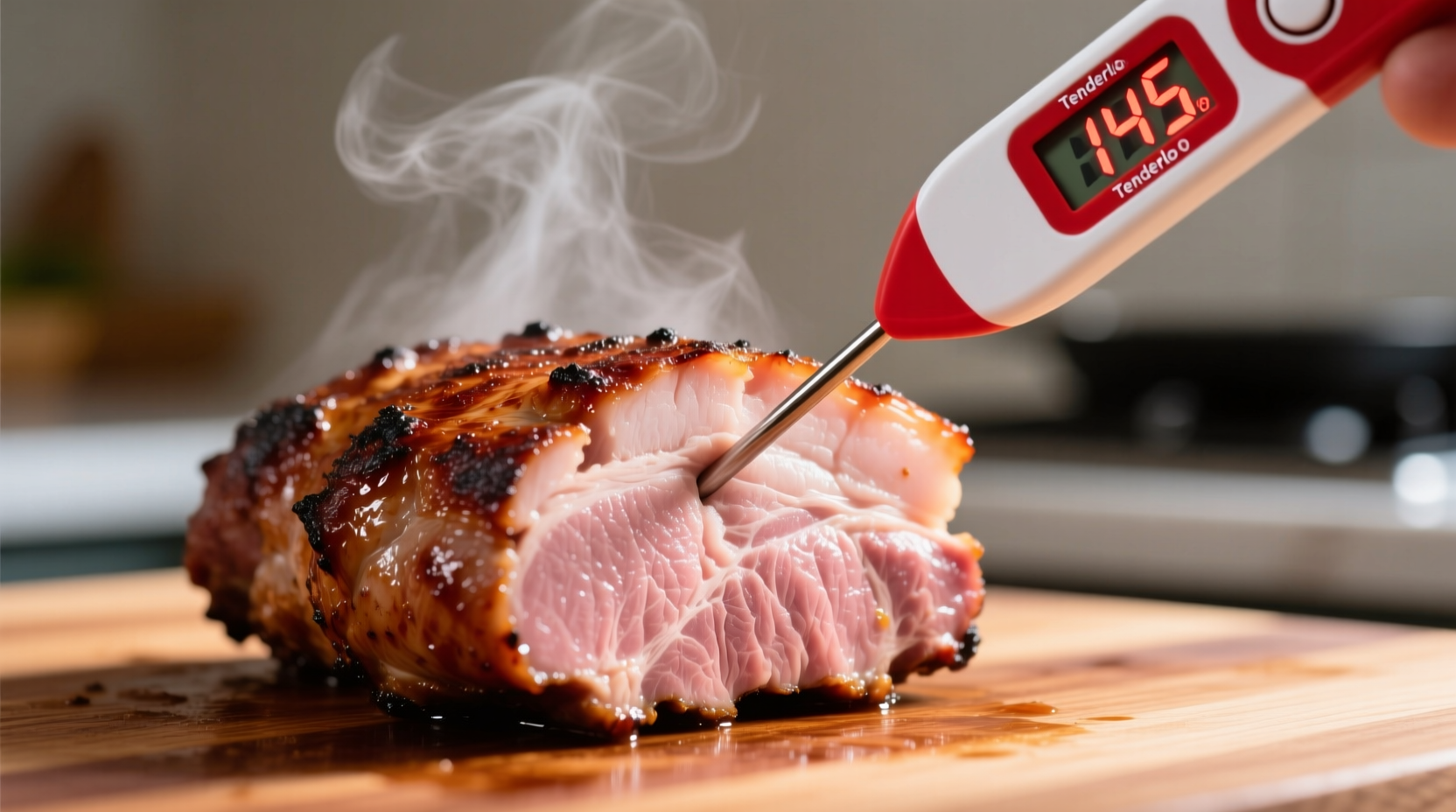 Digitales Fleischthermometer in Schweinelende bei 145 Grad