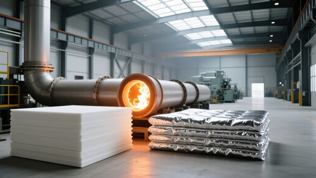 White ceramic fiber boards and silver aerogel blankets stacked next to a glowing industrial furnace pipe in a factory