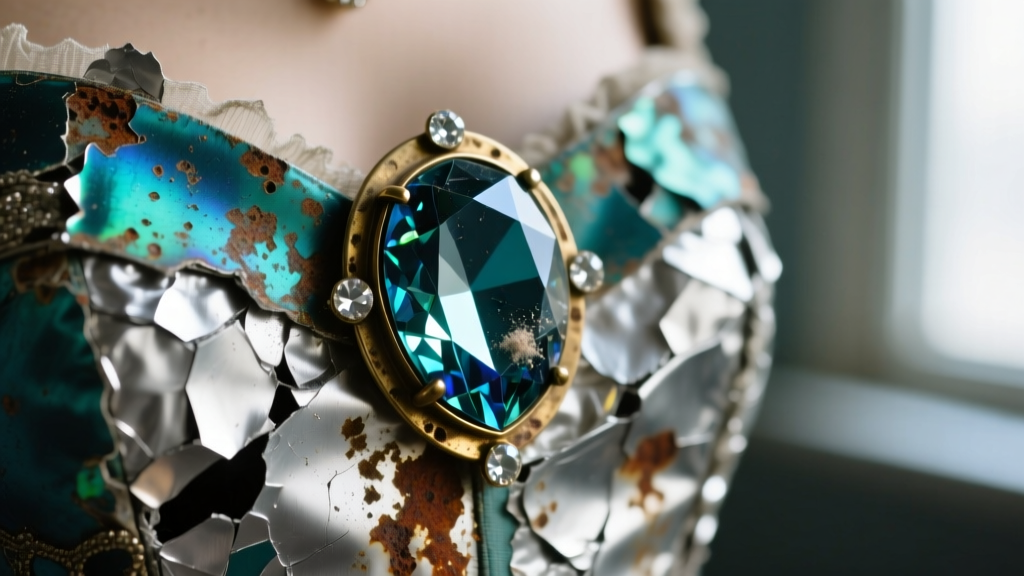 Extreme close-up of a degraded vintage costume rhinestone showing oxidized silver foil backing and brass base metal corrosion
