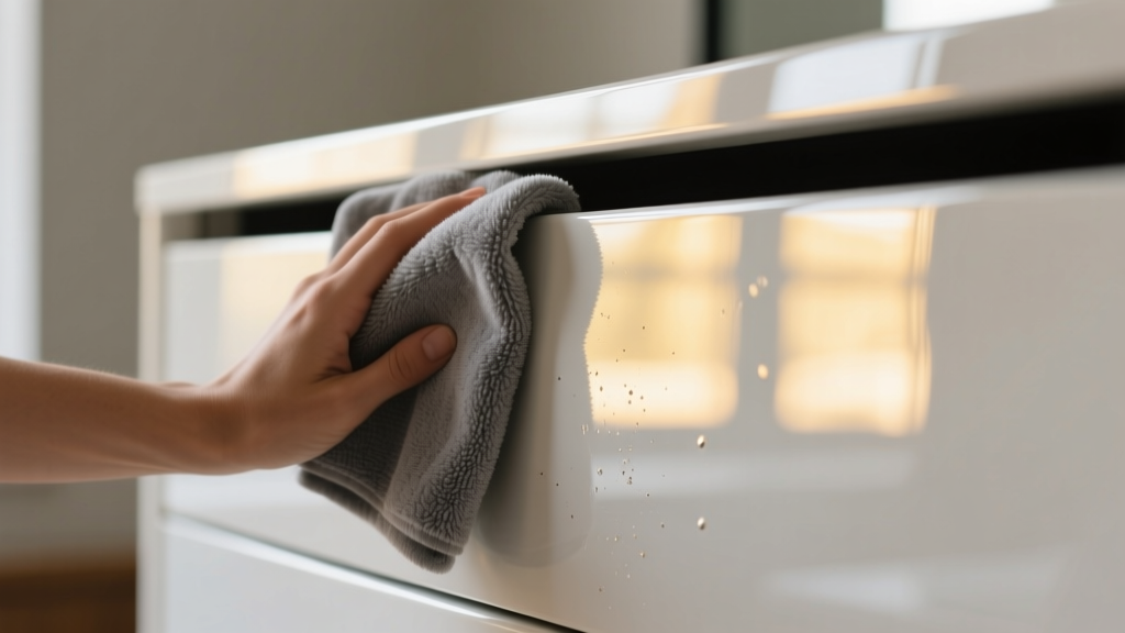 Close-up of a grey microfiber cloth gently wiping a high-gloss white lacquer drawer front, reflecting soft window light