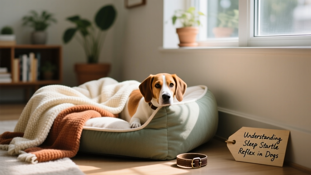 A softly lit dog bed with a cozy blanket, placed in a quiet corner away from foot traffic