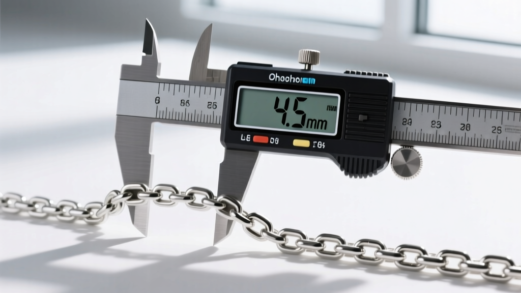 Digital calipers measuring the exact width of a solid sterling silver Cuban link chain, displaying 4.5mm on the bright LCD screen.