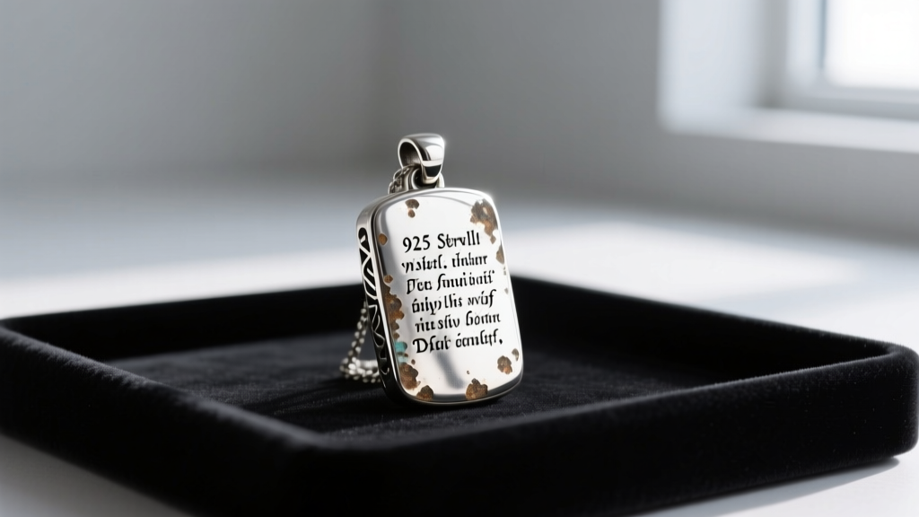 Close-up of a tarnished 925 sterling silver bible verse pendant resting on a jeweler's bench next to a polishing cloth and loupe