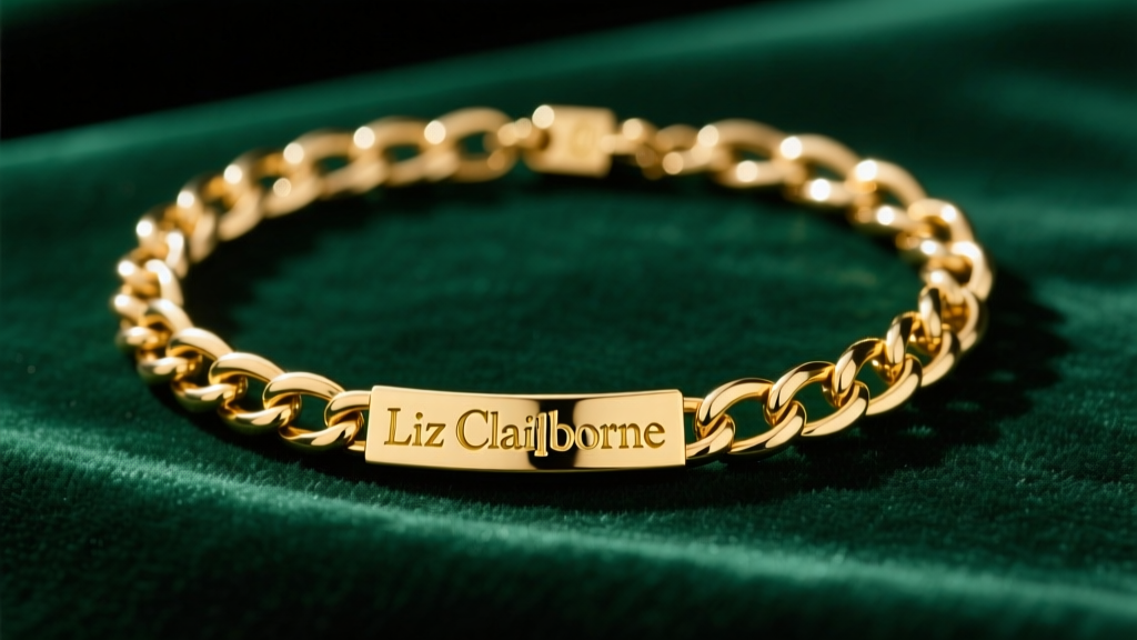 Vintage 1990s Liz Claiborne gold link necklace on dark emerald velvet, highlighting the intricate metalwork and branded clasp.