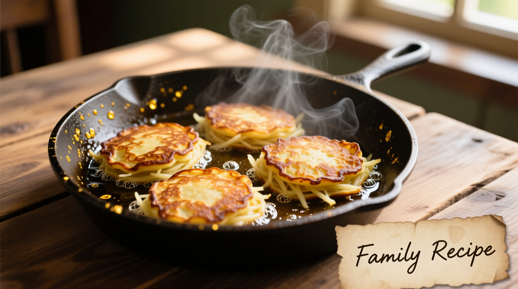 Golden brown potato pancakes sizzling in cast iron skillet