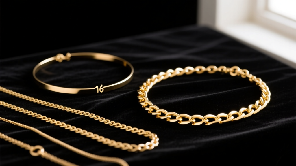 Gold necklaces of varying chain lengths on dark velvet, highlighting a 16-inch choker and a 20-inch matinee necklace.