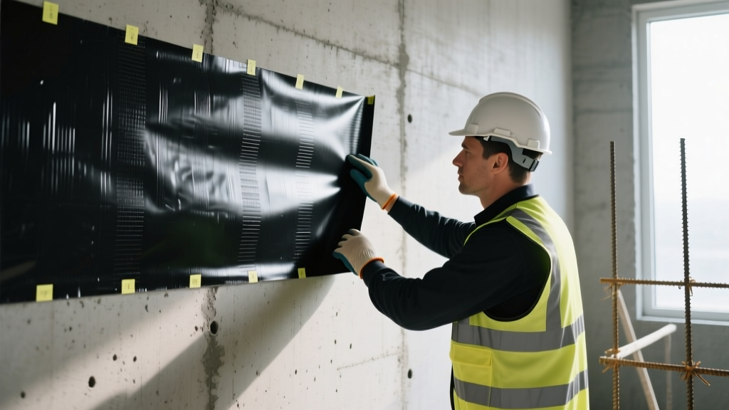 Structural engineer inspecting a black peel-and-stick membrane applied to a poured concrete foundation wall before soil backfill
