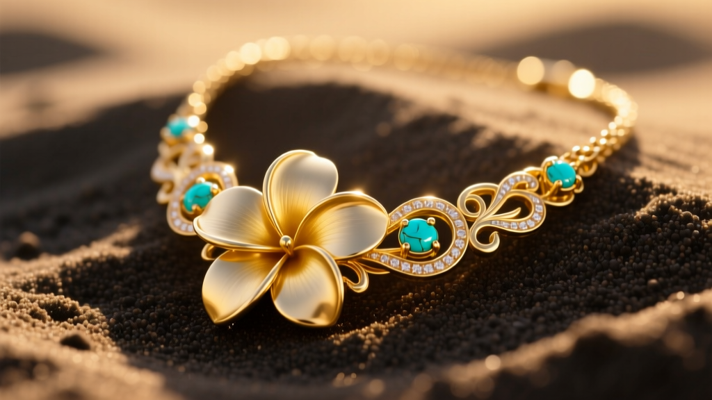 14k gold floral necklace featuring plumeria pendant and turquoise inlay on dark sand in warm sunlight, detailed macro photography