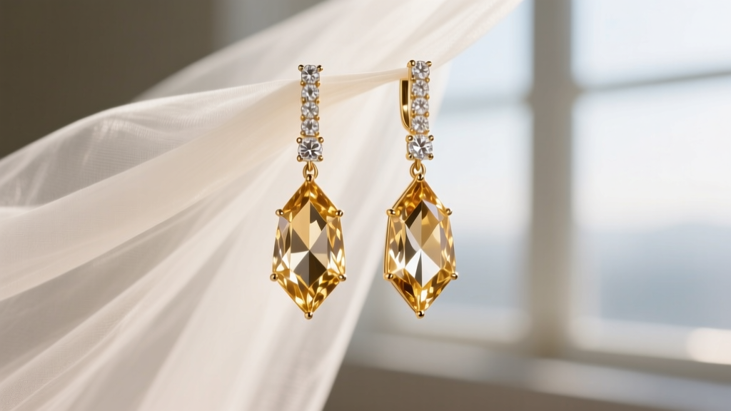 Close-up of prong-set crystal rhinestone drop earrings catching warm golden light against a blurred white silk veil