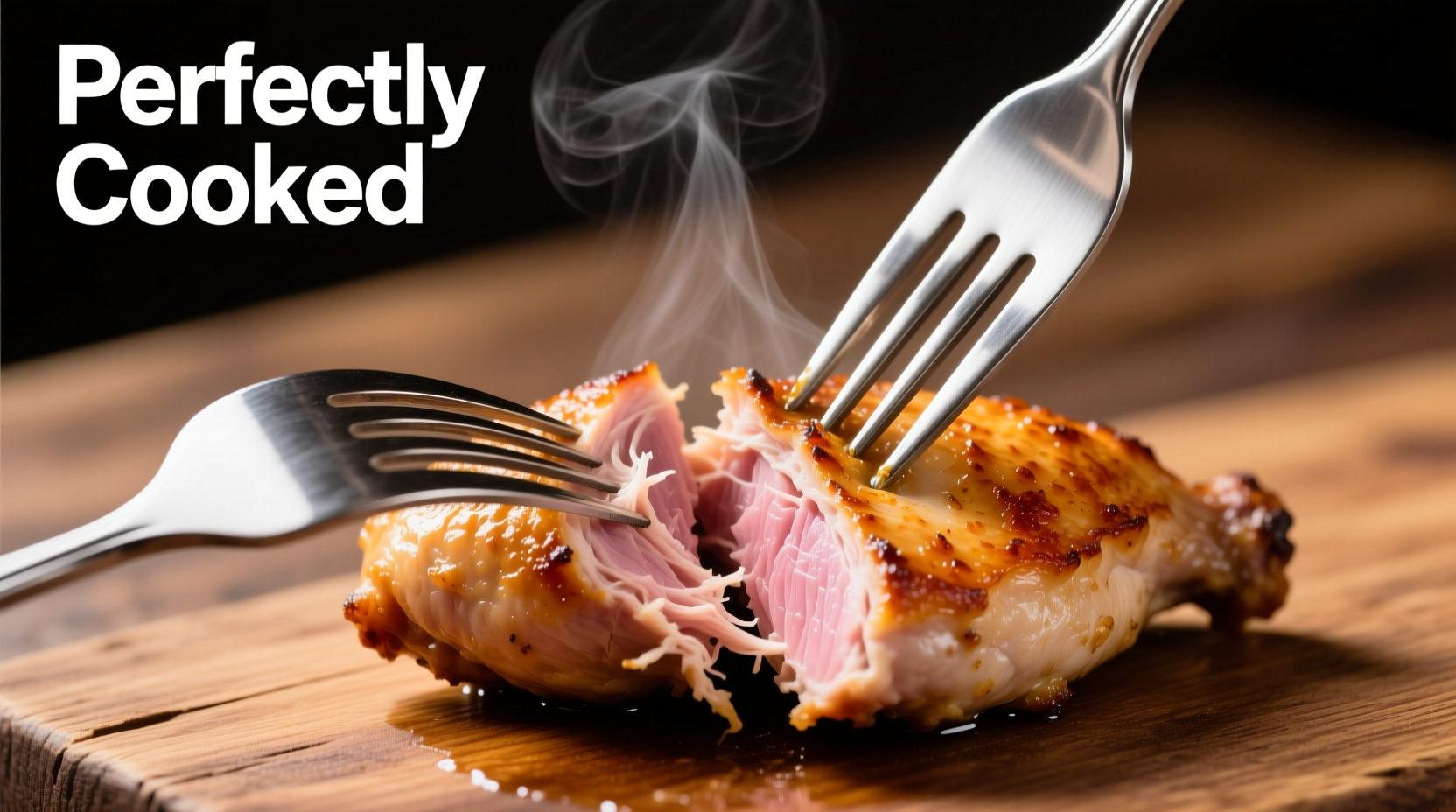 Two forks shredding perfectly cooked chicken breast